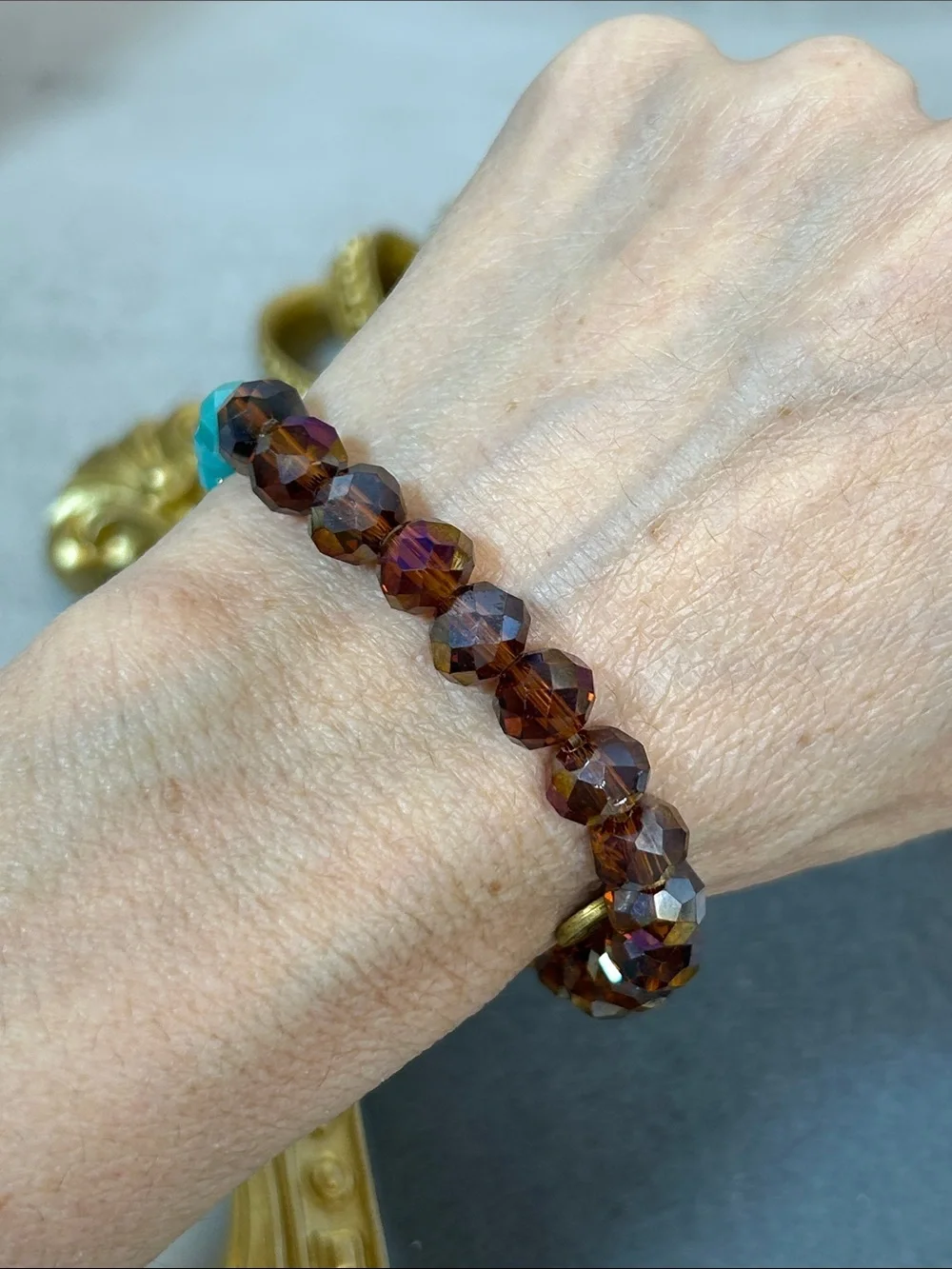 Erimish Turquoise and Amber Faceted Bead Stretch Bracelet with Gold Charm
